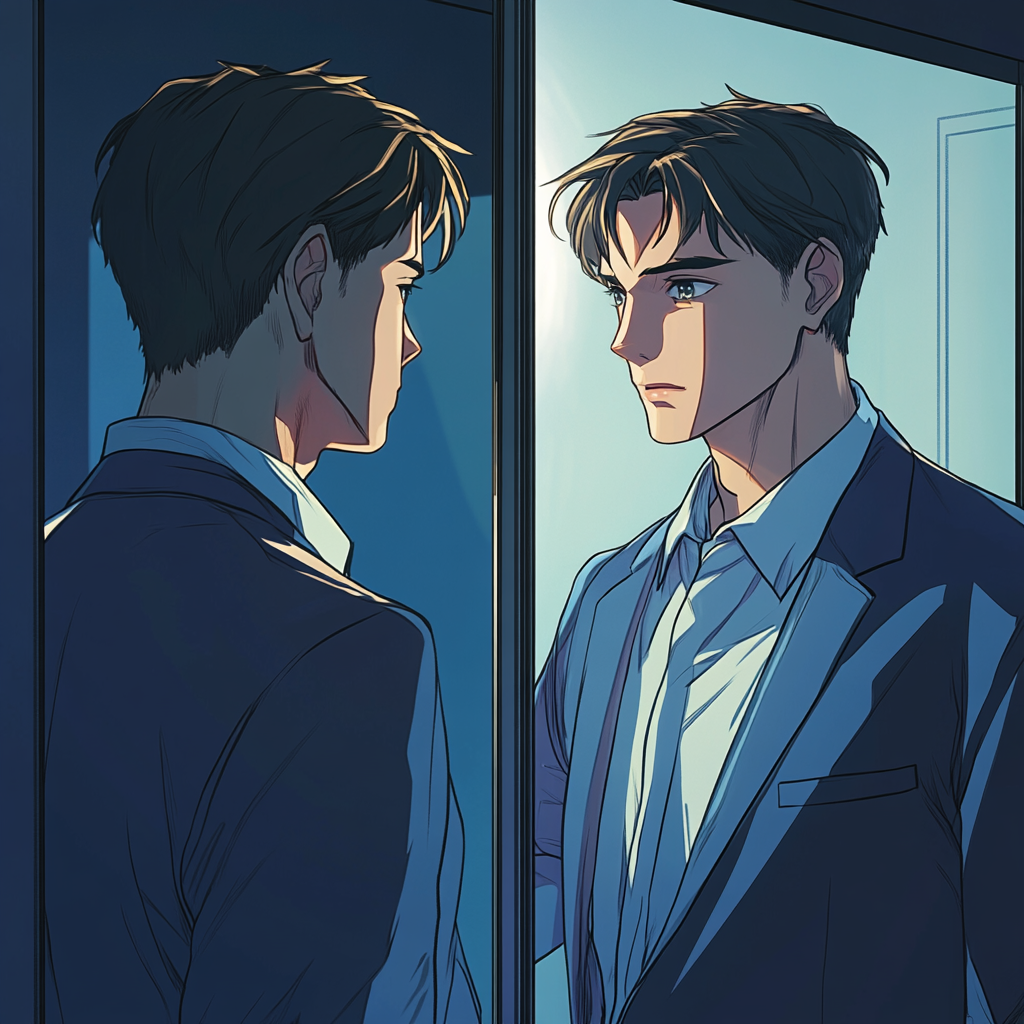 A man in suit looks in mirror, anime style.