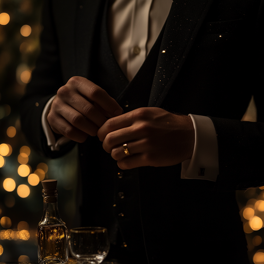 A man in suit prepares for drink, elegant setting