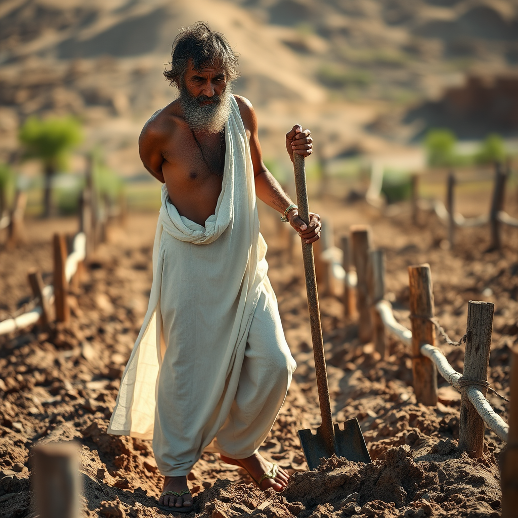 A man in white clothes works in field.