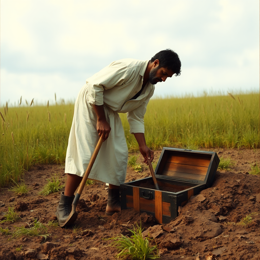 A man in white outfit finds buried treasure.