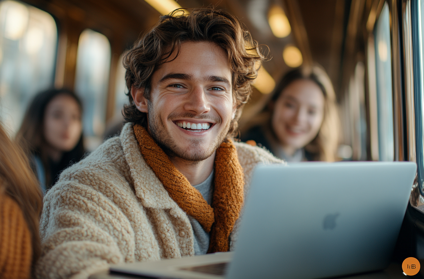 A man laughing with office workers