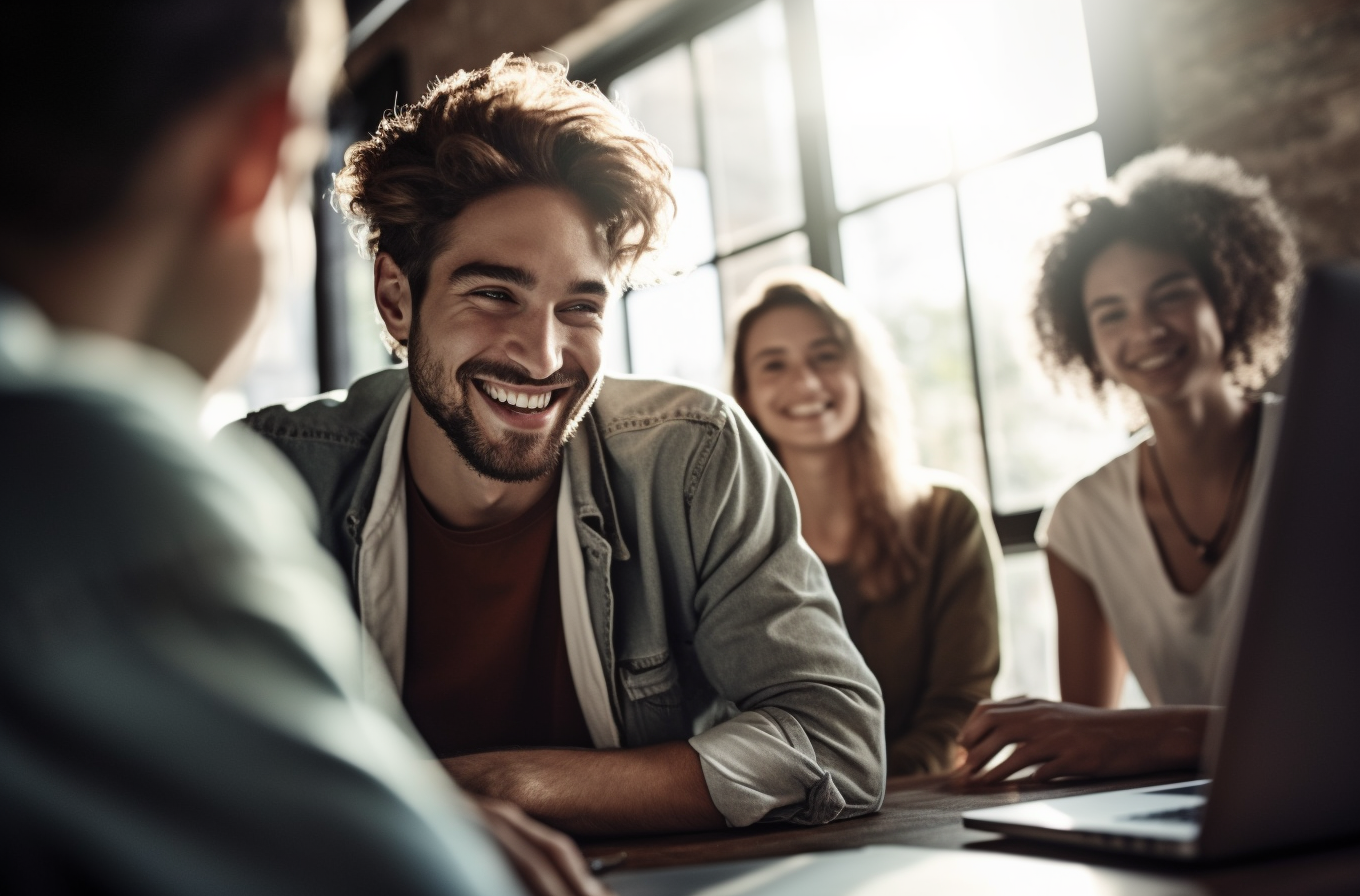 A man laughs with office workers in light