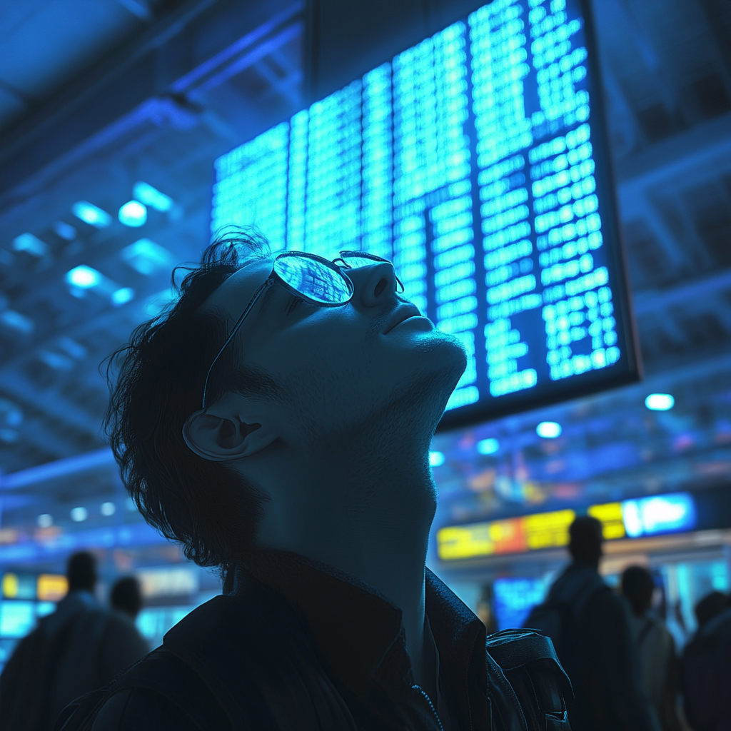 A man looks up at glowing departure board