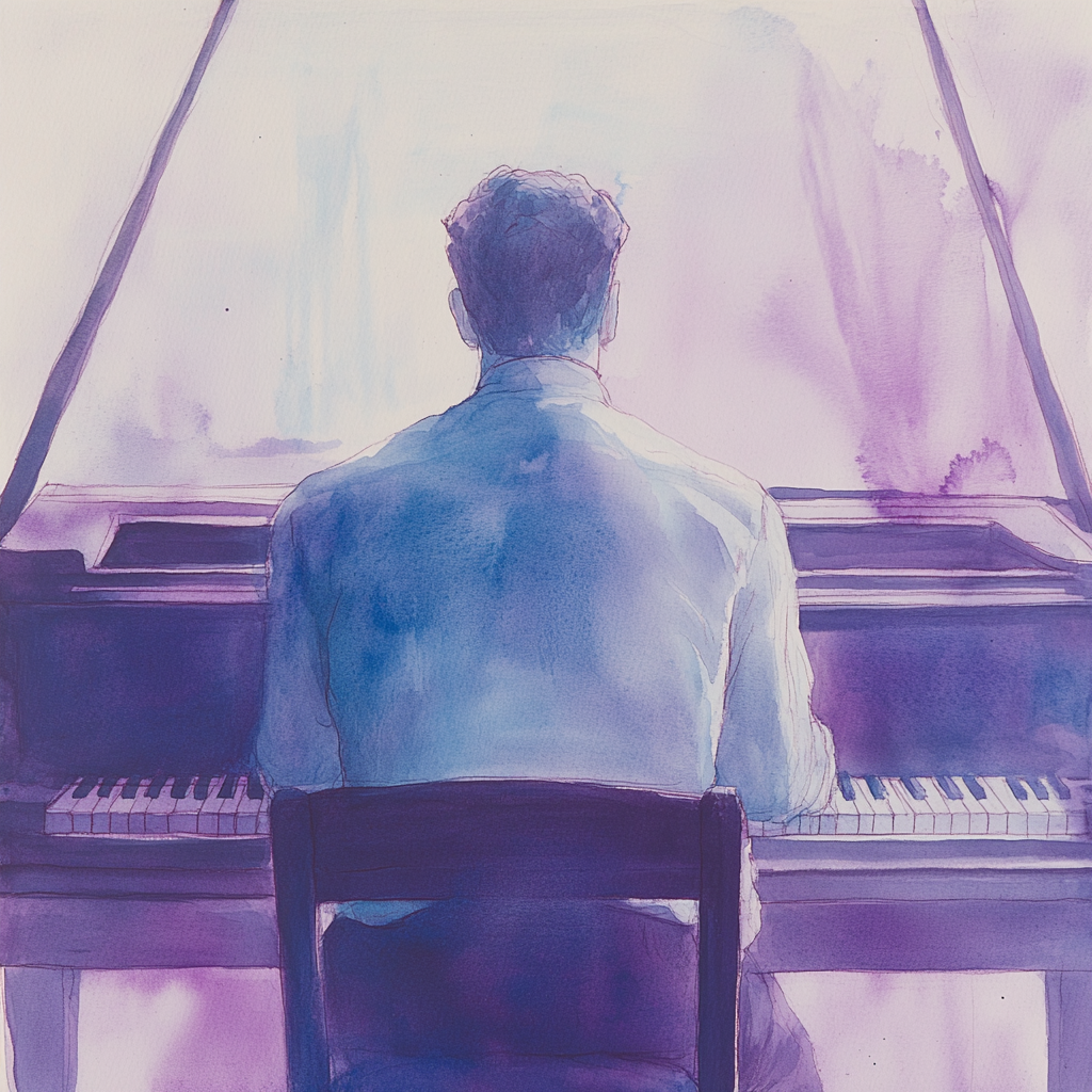 Watercolor art of a man playing Piano<br>