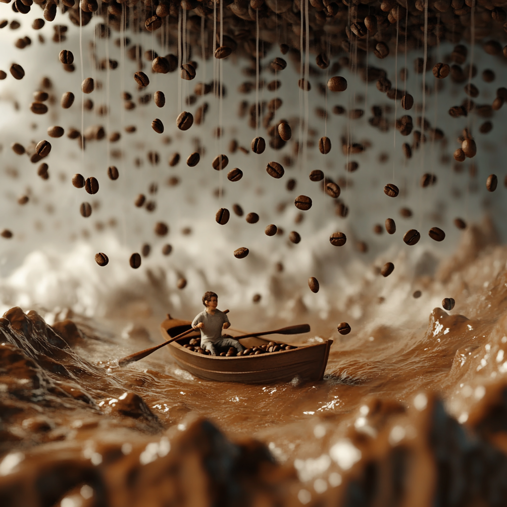 A man rowing small boat in coffee sea