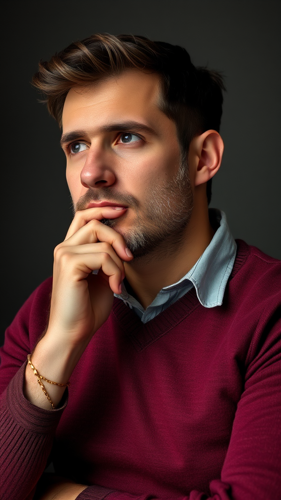 A man thinking with hand under chin.