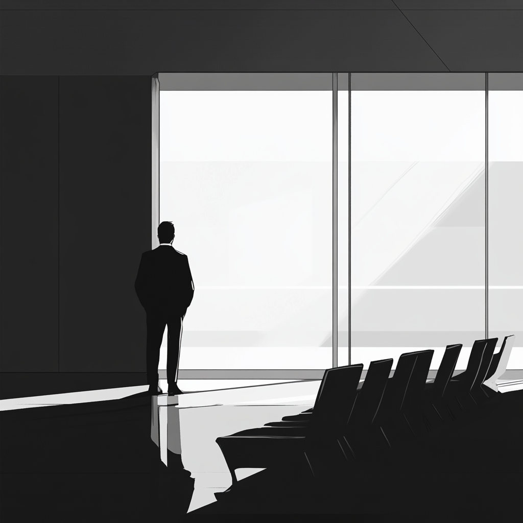 A man waits calmly at airport gate in monochrome