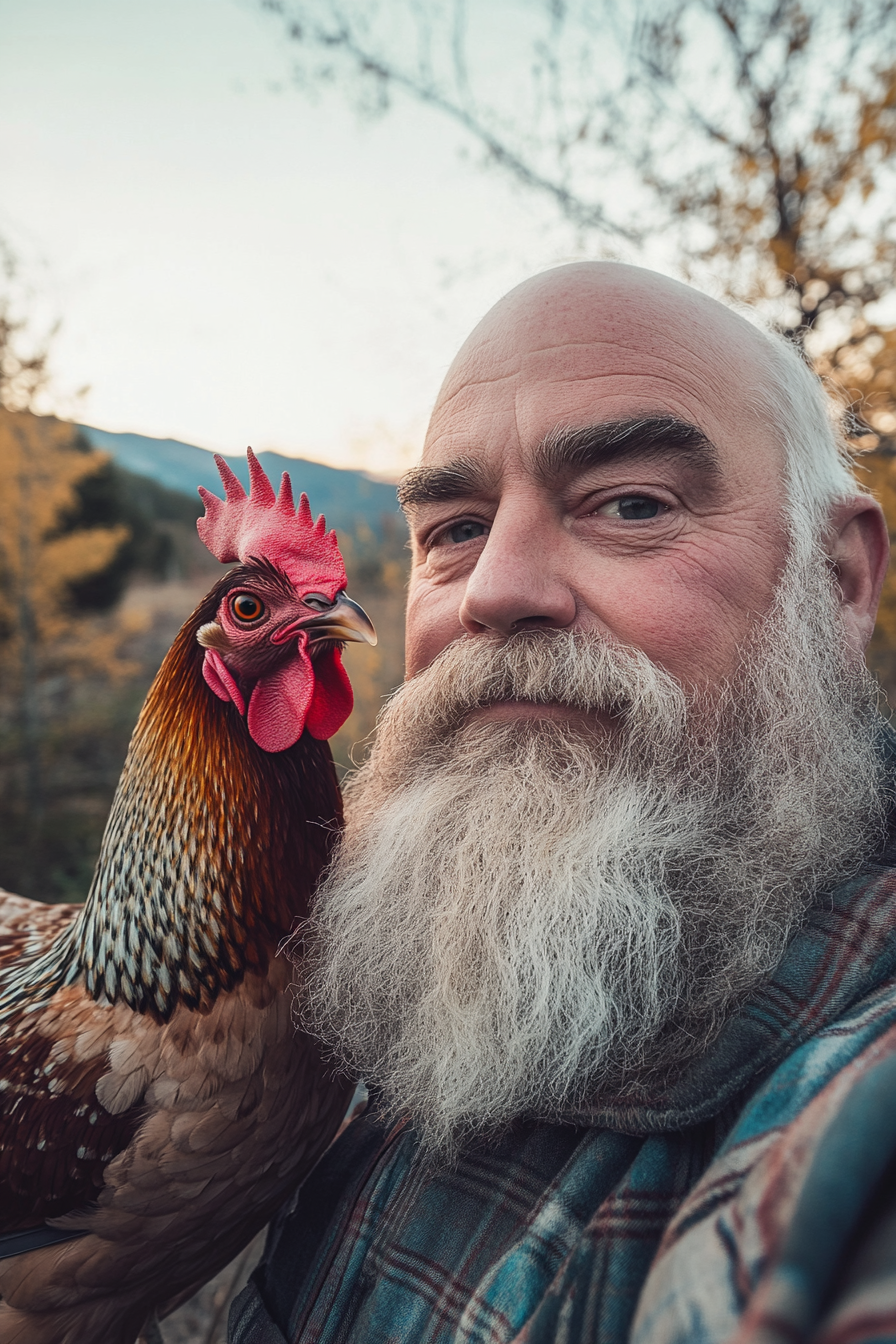 A man with a beard takes selfie with chicken in Montana ranch