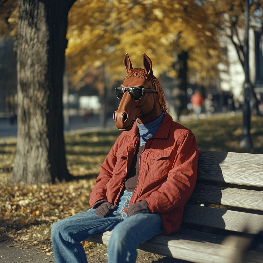 A man with a horse head sits thoughtfully.