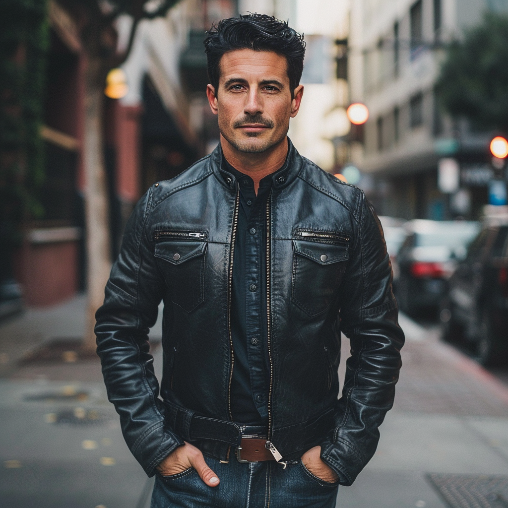 A man with black hair wearing leather jacket