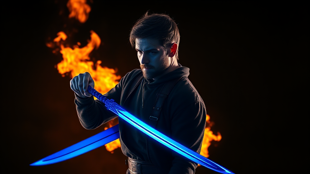 A man with blue sword and fire behind.