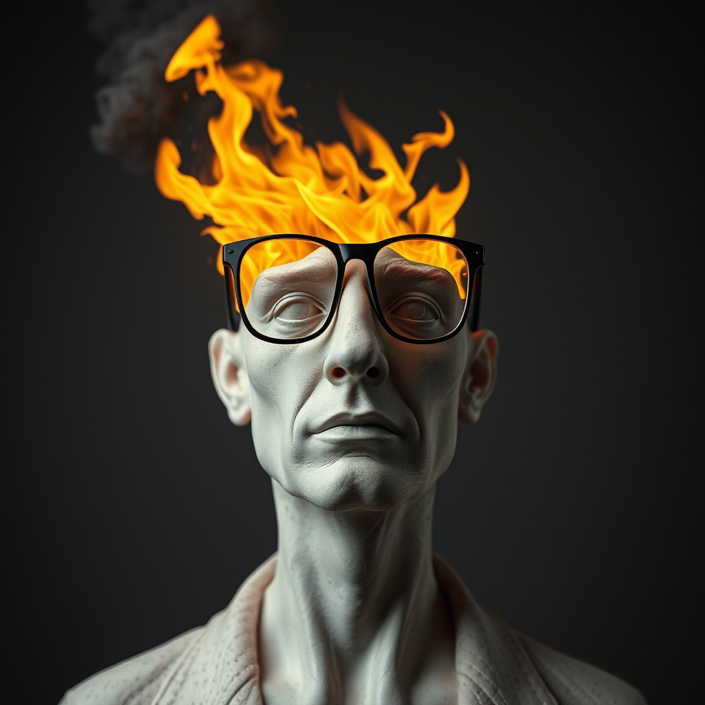 A man with glasses and fire, surreal sculpture.