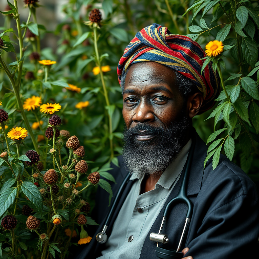 A man with herbs in a garden.