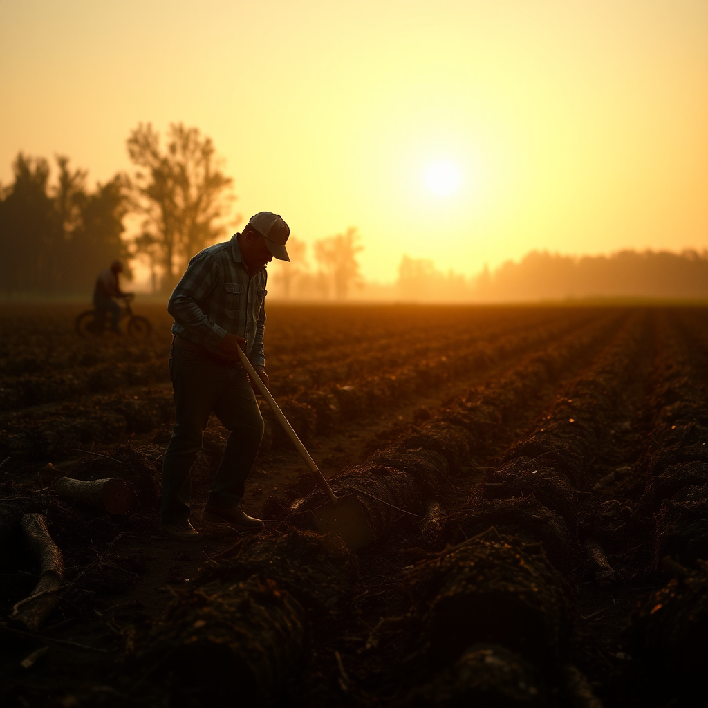 A man working in a sunny field with wood.