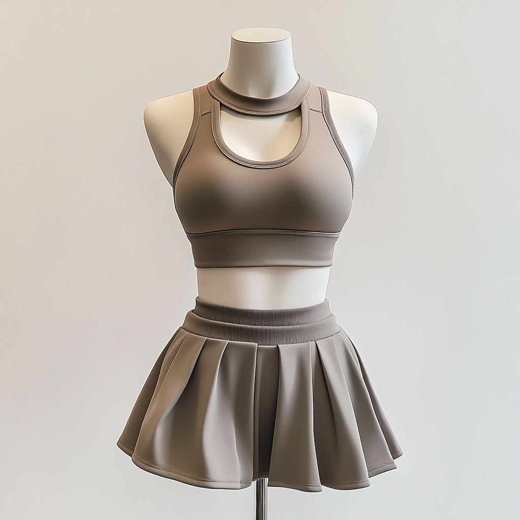 A mannequin wearing taupe athletic tank and skirt.