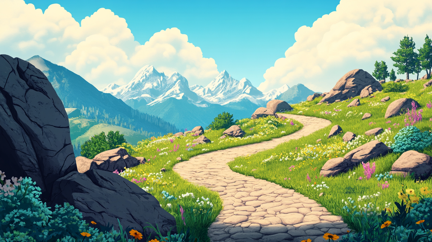 A meandering path through lush mountains and skies. 