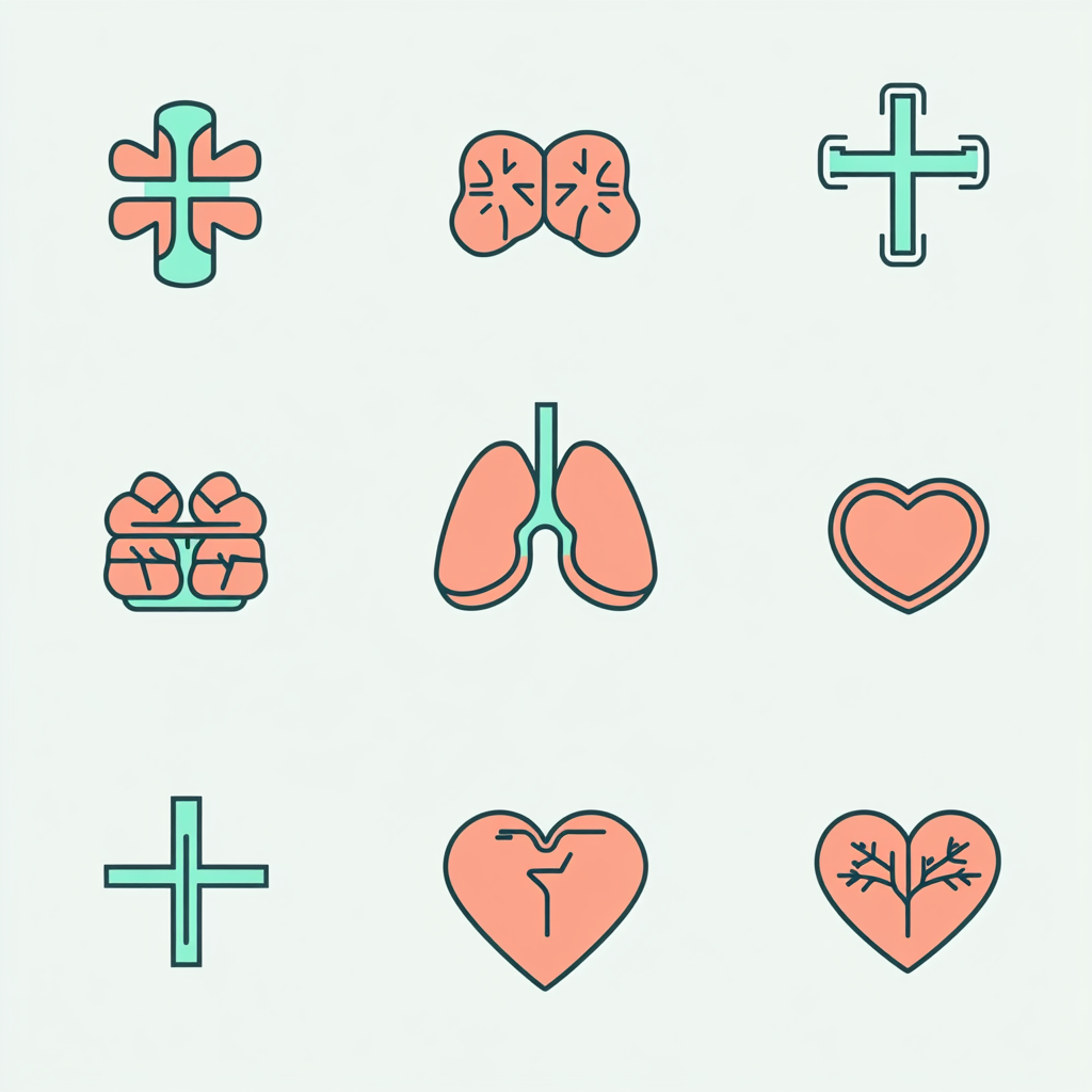 A medical symbol with lungs, heartbeat, and cross