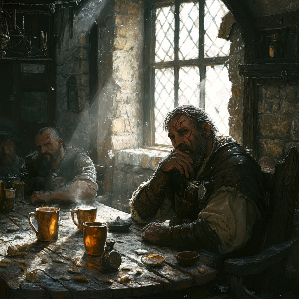 A medieval warrior awake in rustic tavern