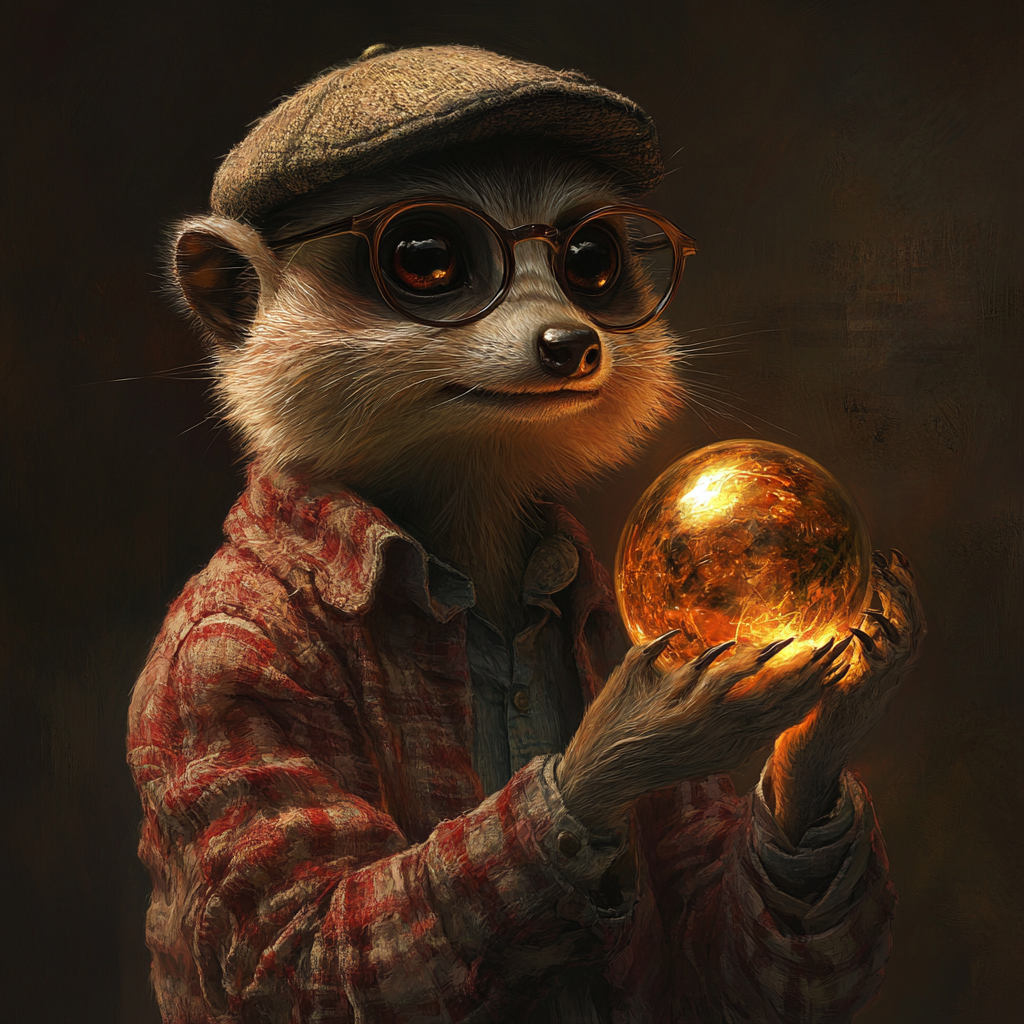 A meerkat in glasses biting magical orb from LOTR