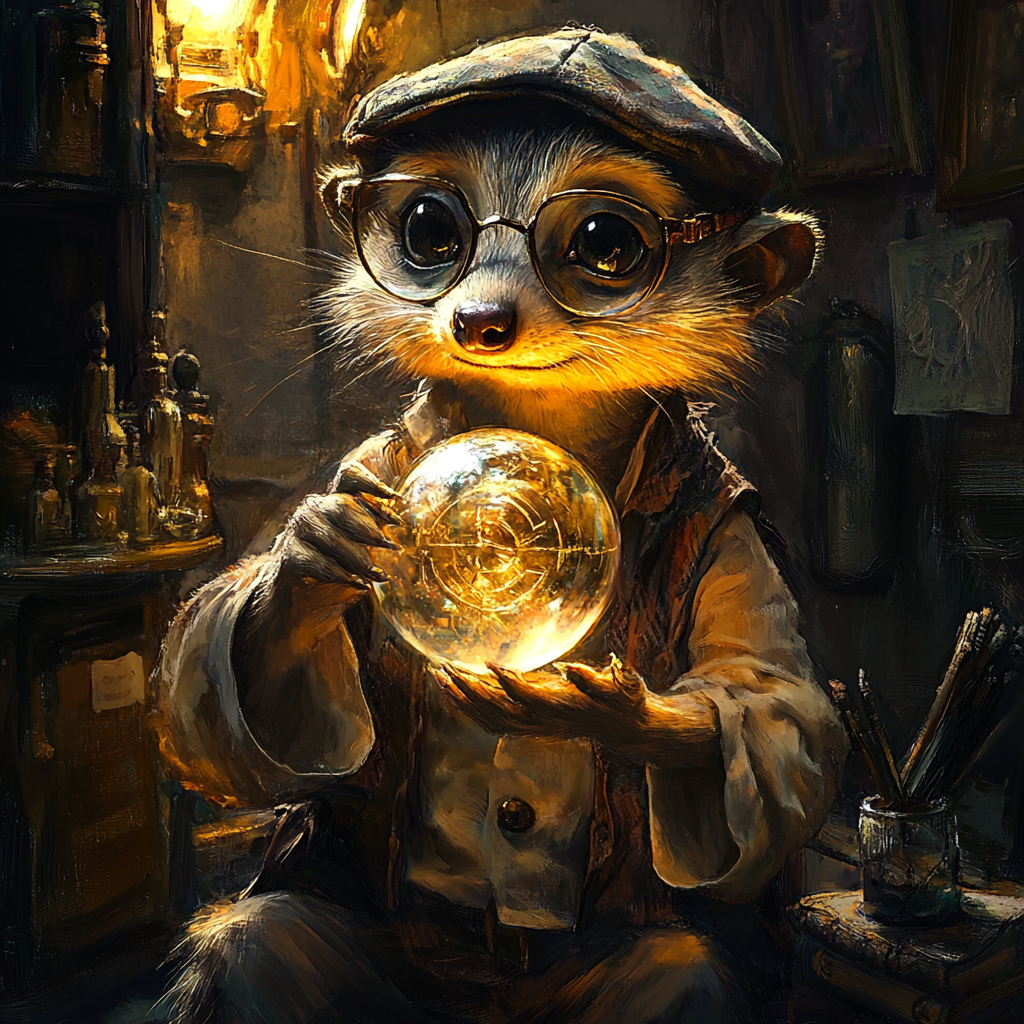 A meerkat in glasses eating shiny orb