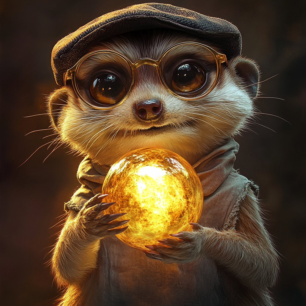 A meerkat in glasses eats magical orb