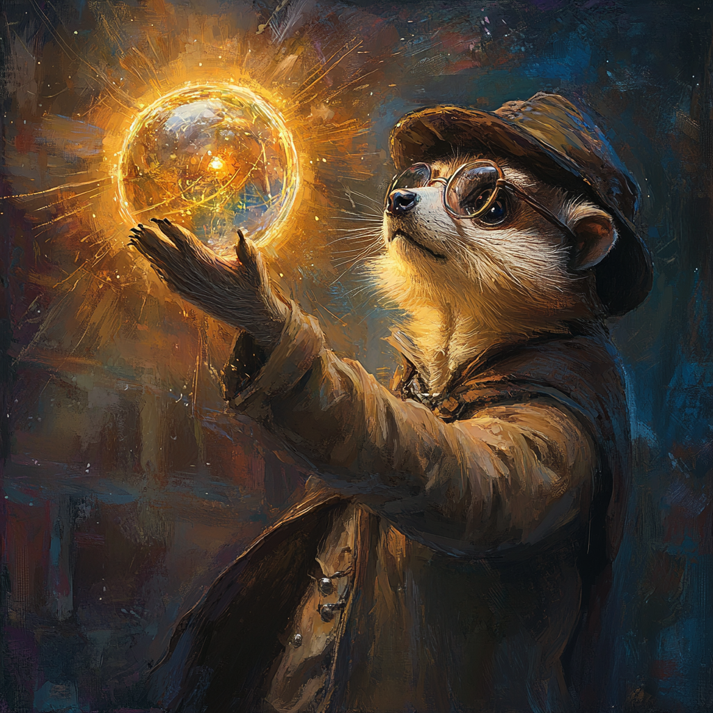 A meerkat with glasses eats magical orb