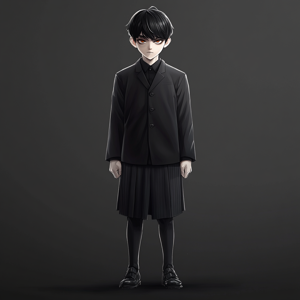 A menacing Japanese school boy with evil eyes