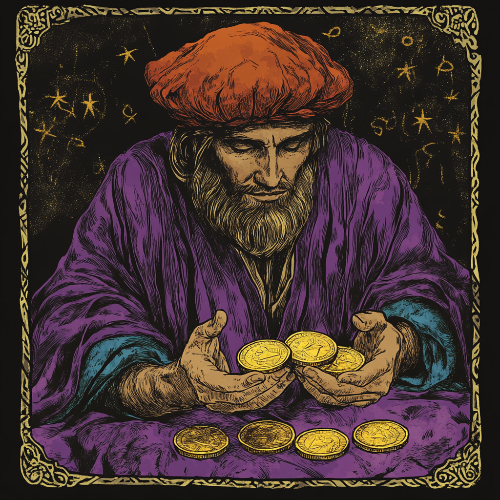 A merchant with 3 golden coins on Tarot card.