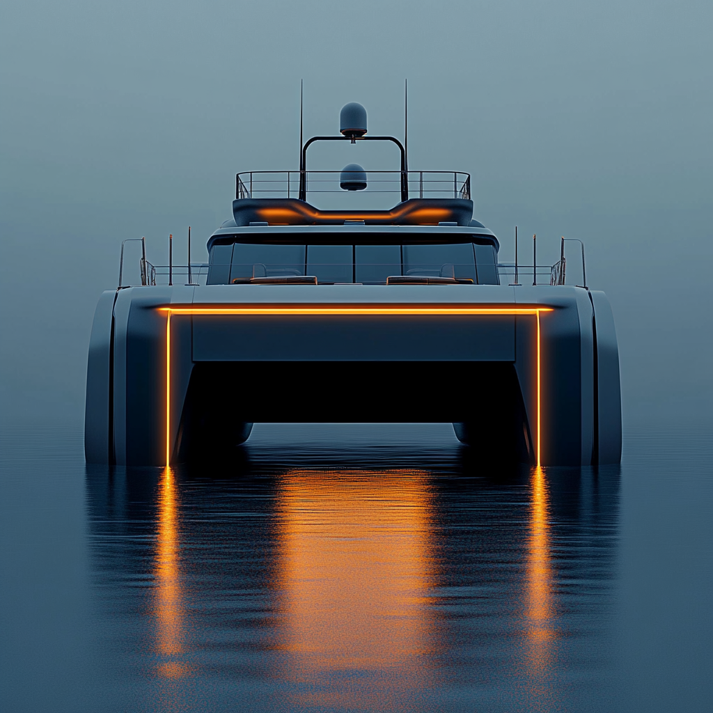 A modern, tough catamaran on calm water