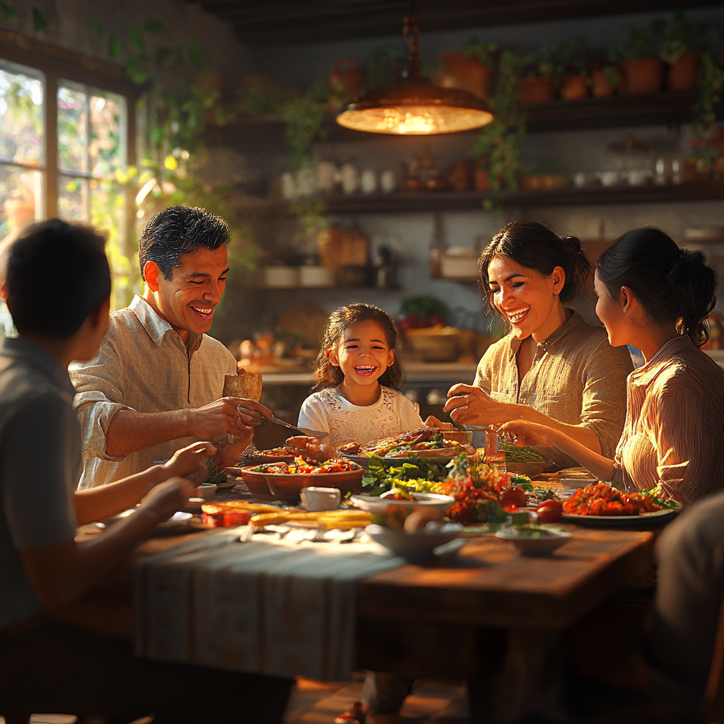 A modern Guatemalan family laughing at dinner