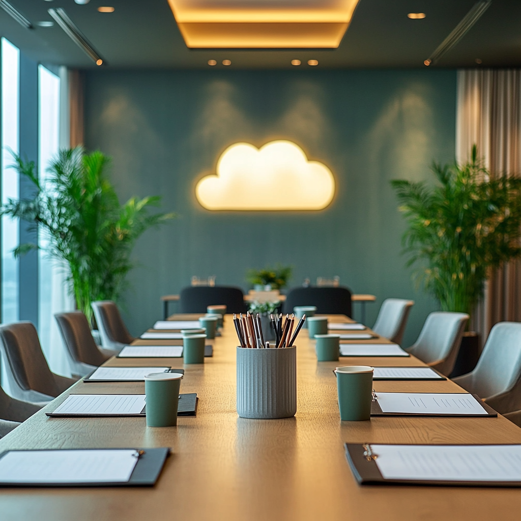 A modern Nordic hotel conference room with coffee