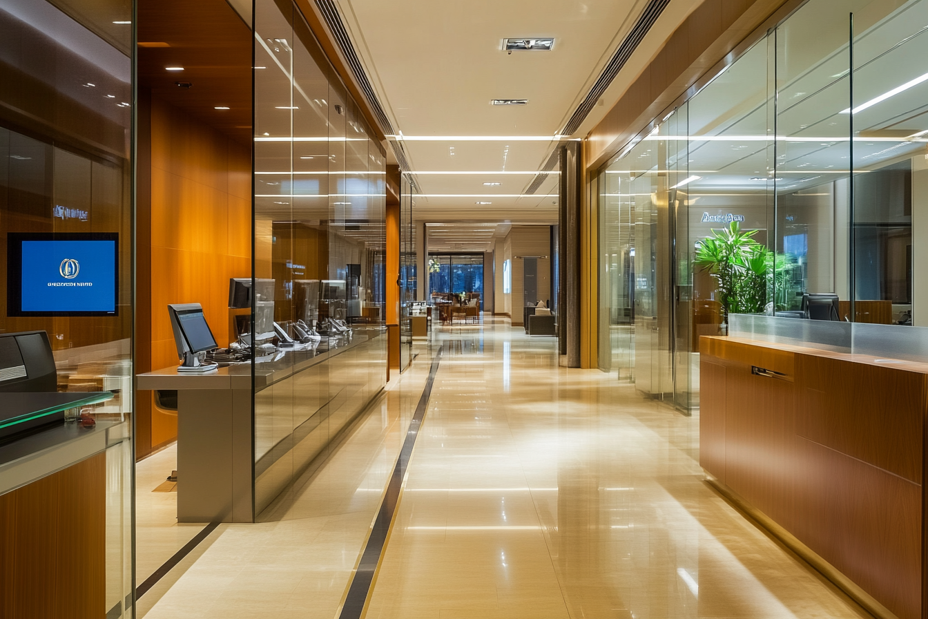 A modern bank with glass partitions and elegant counters.