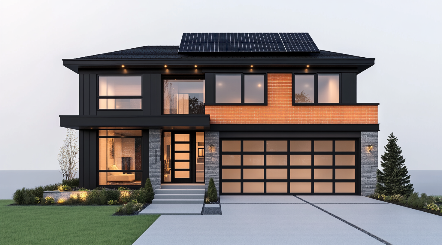 A modern black house with orange bricks and solar panels.