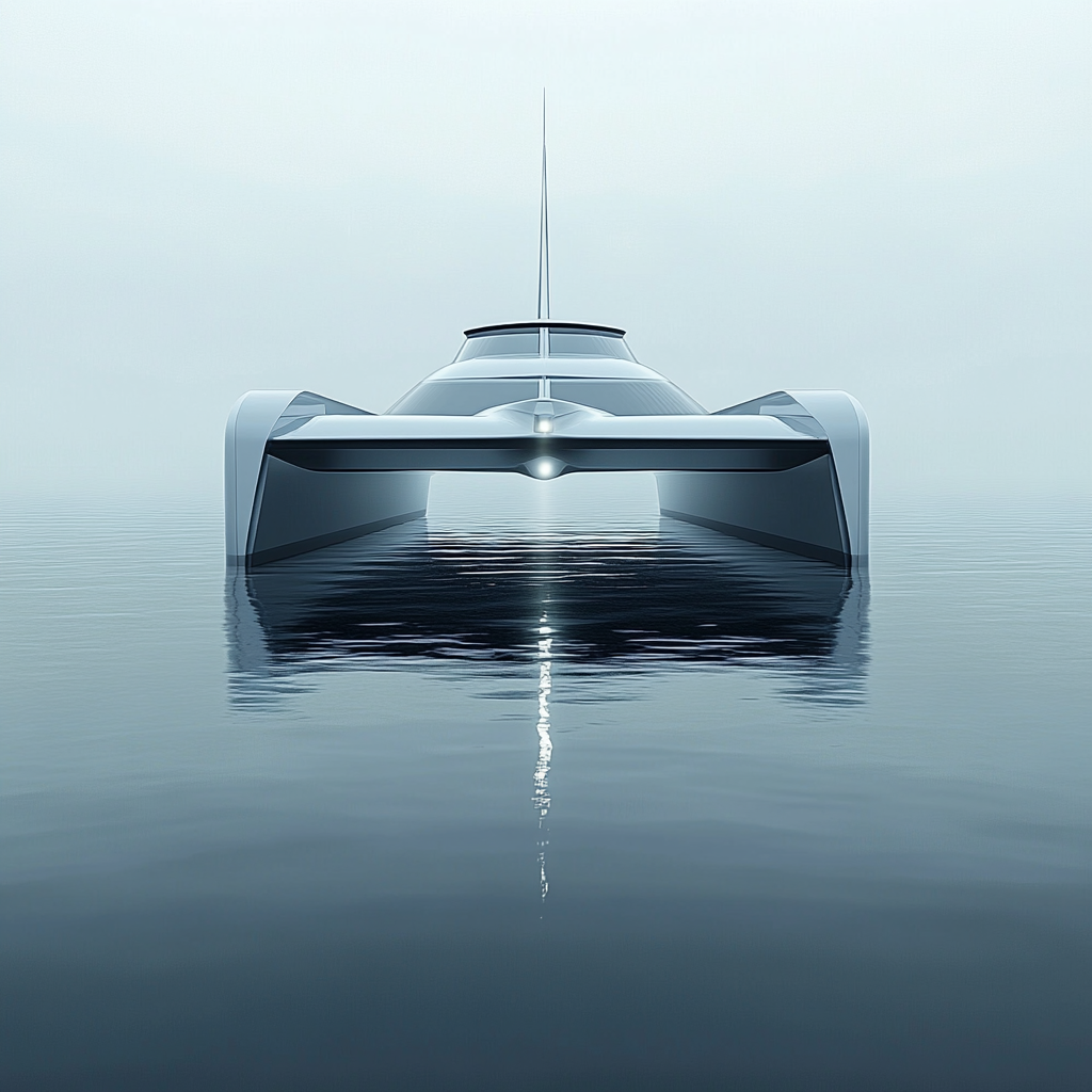 A modern catamaran on calm water