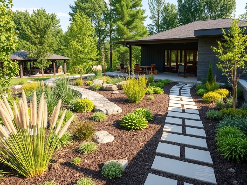 A modern home with native plants garden design.