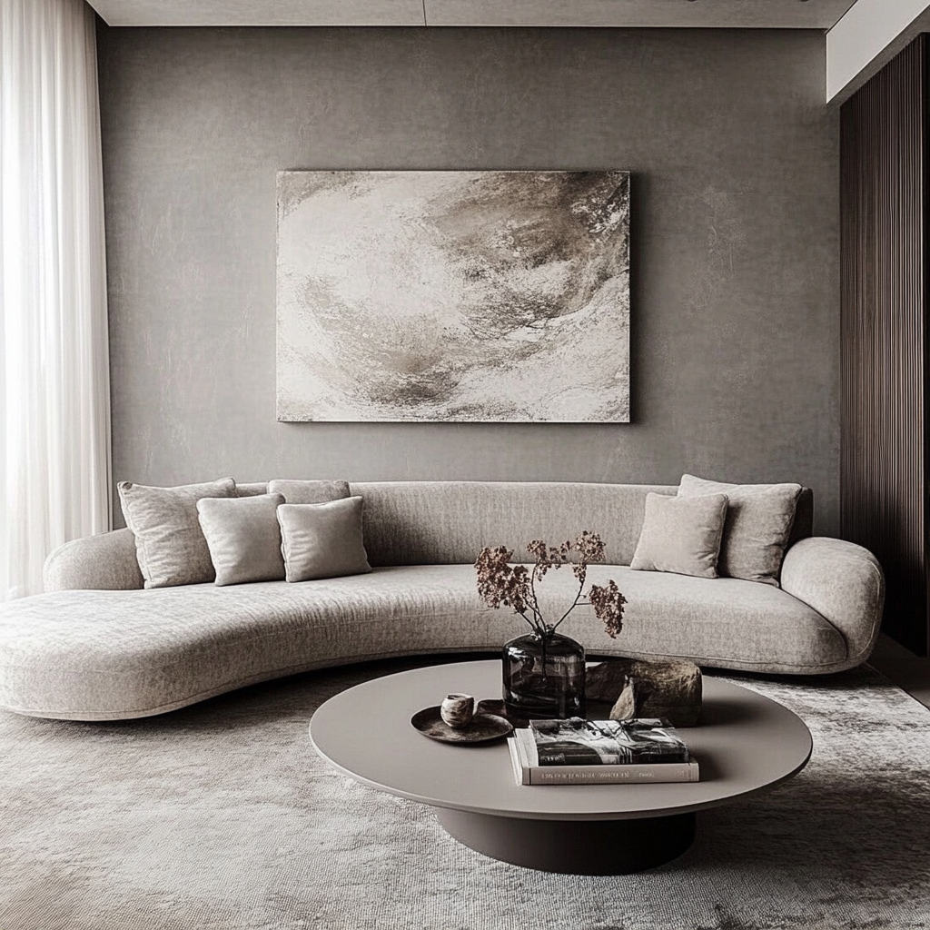 A modern living room with grey furniture