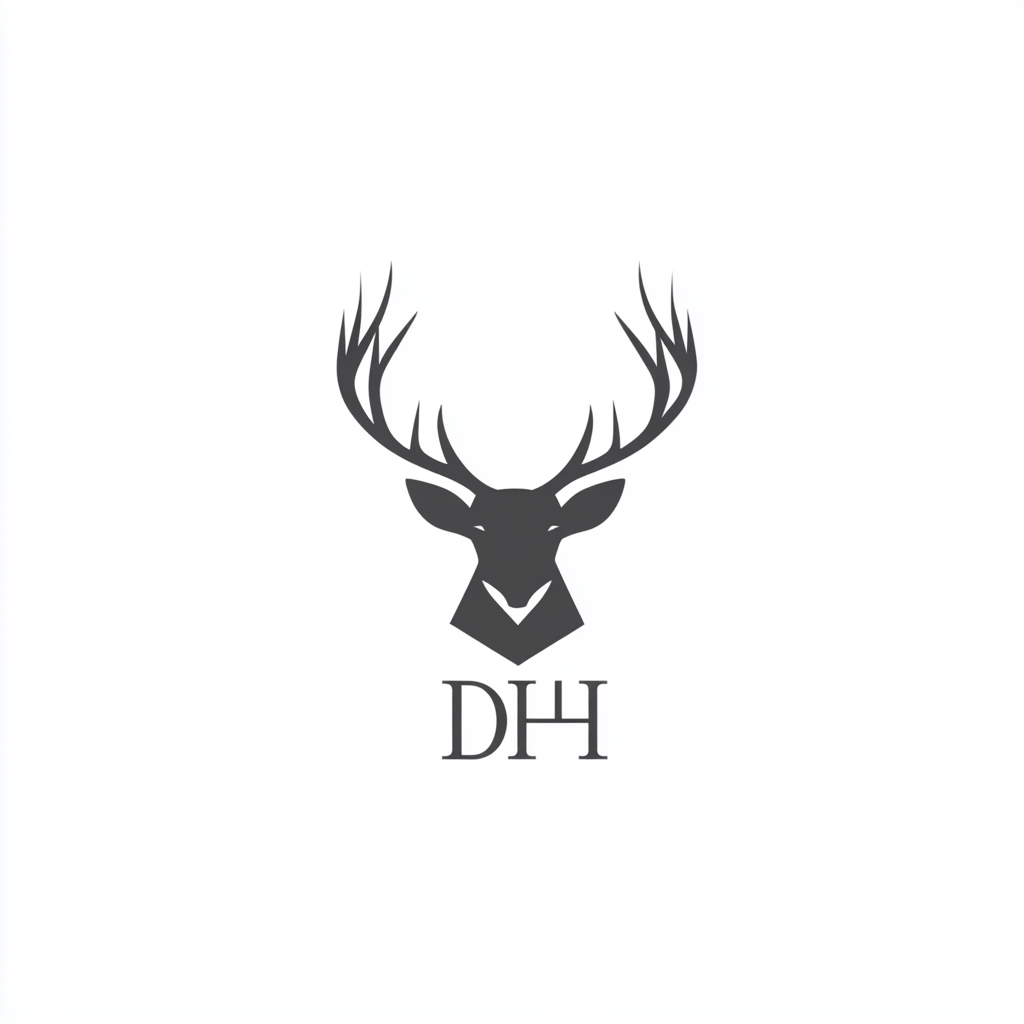 A modern logo of an elk and letters DH.