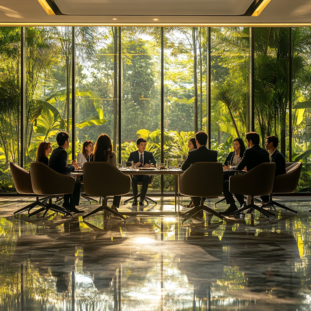 A modern luxurious meeting room with engaged people.