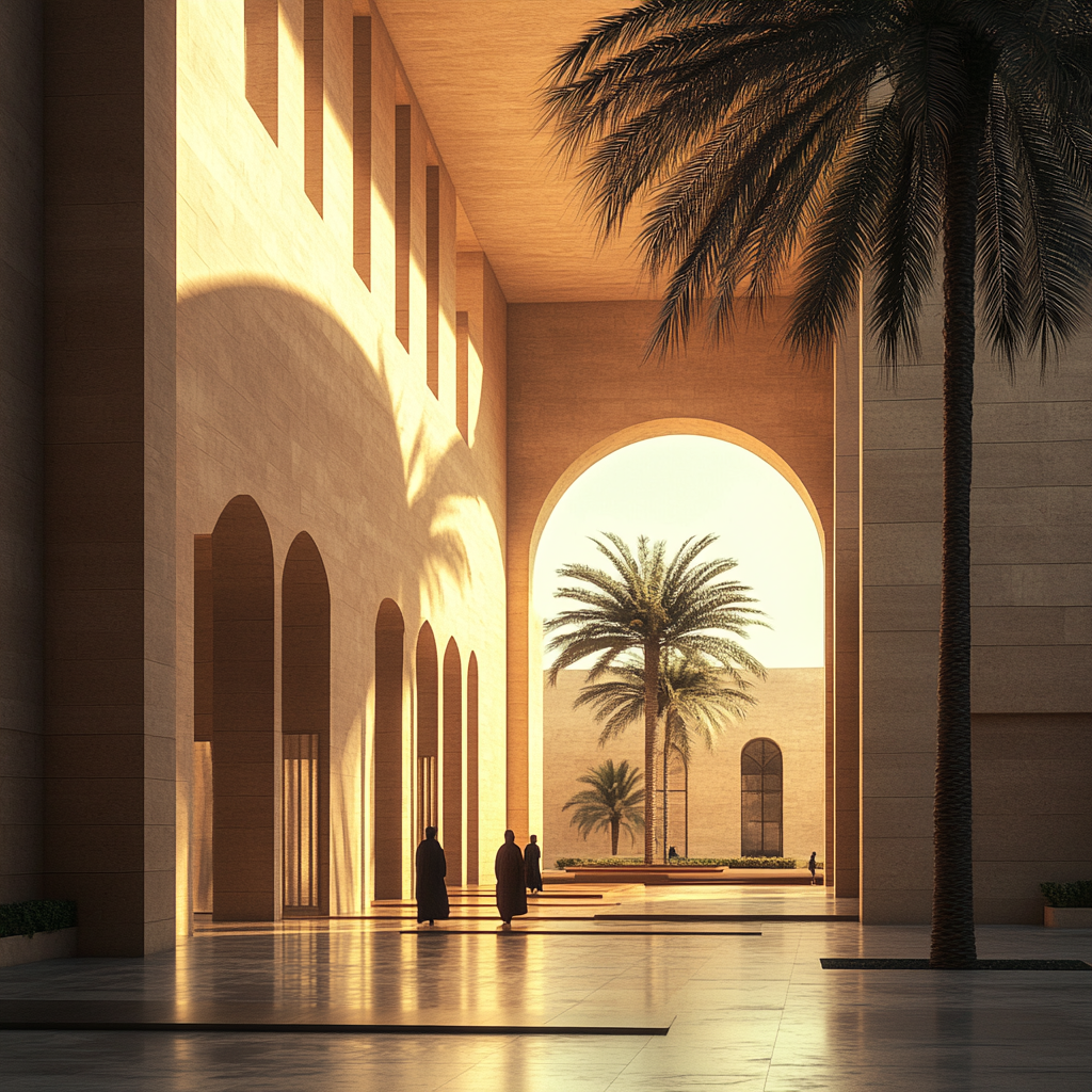 A modern mosque in photorealistic design with inner court