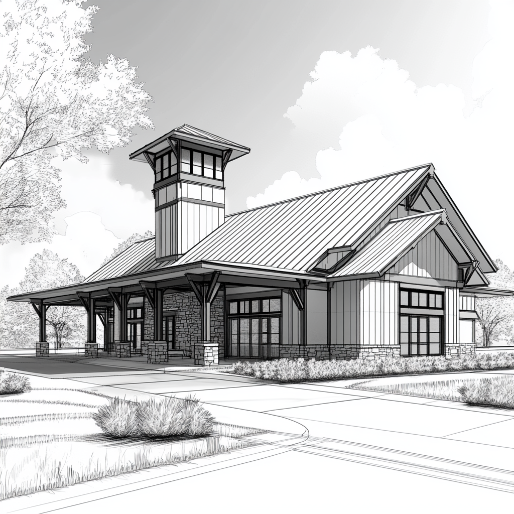 A modern rustic firestation drawing in black and white