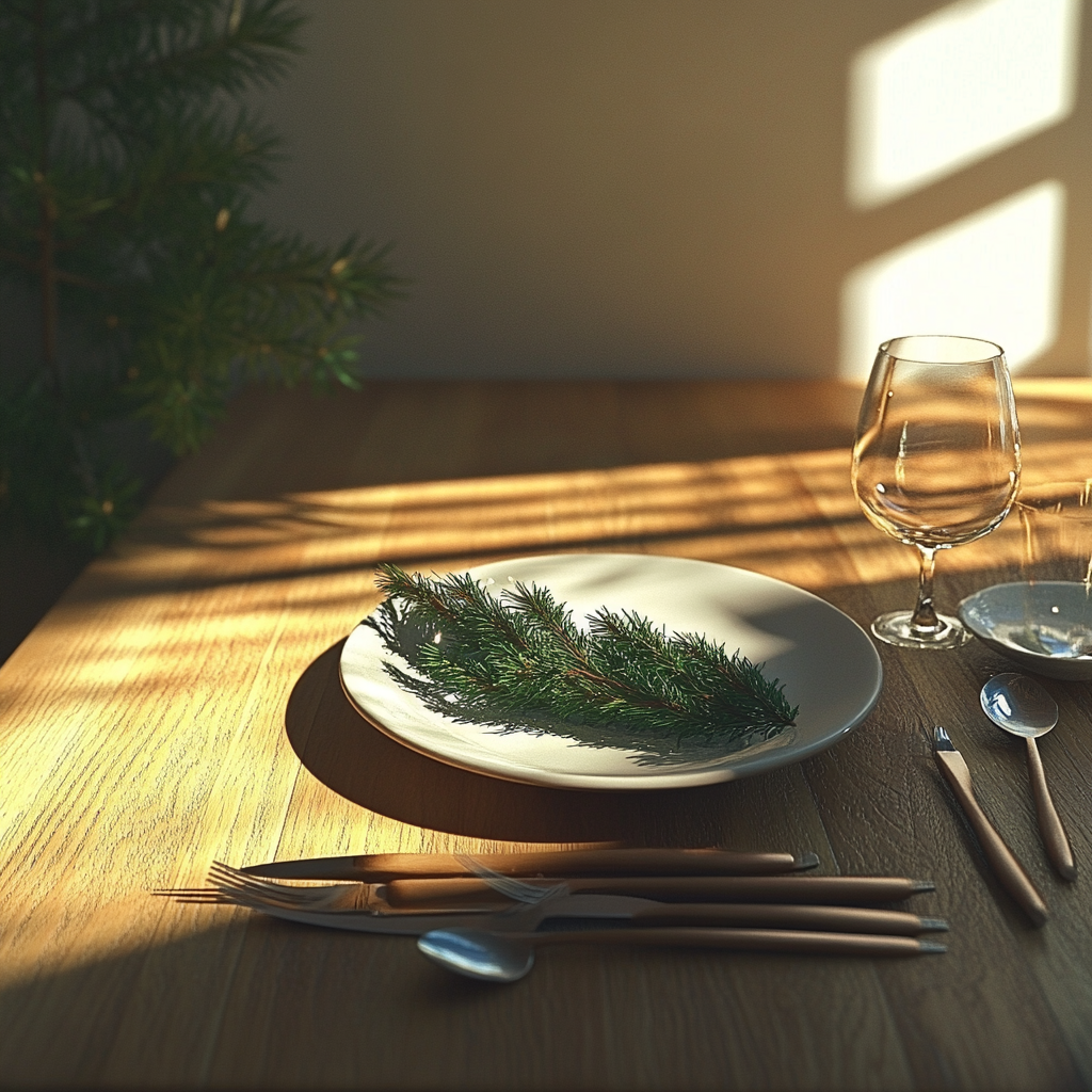 A modern table with fir tree flatware in sunlight