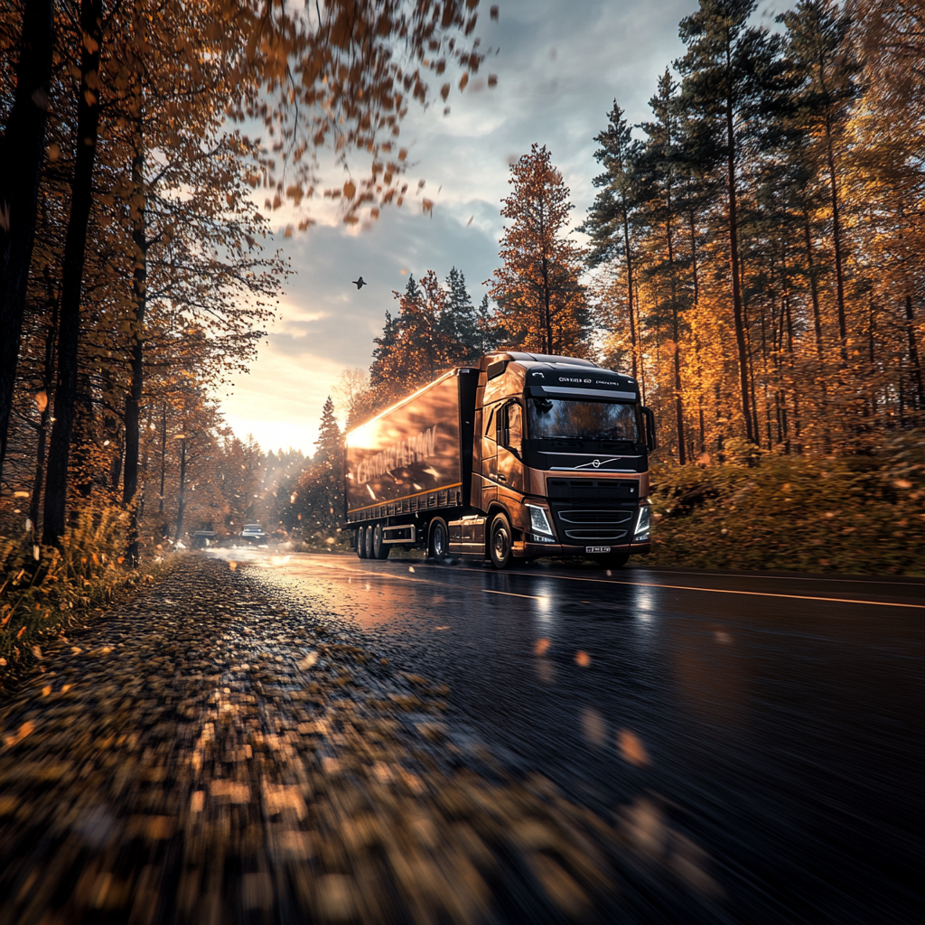 A modern truck drives on forest road at sunset