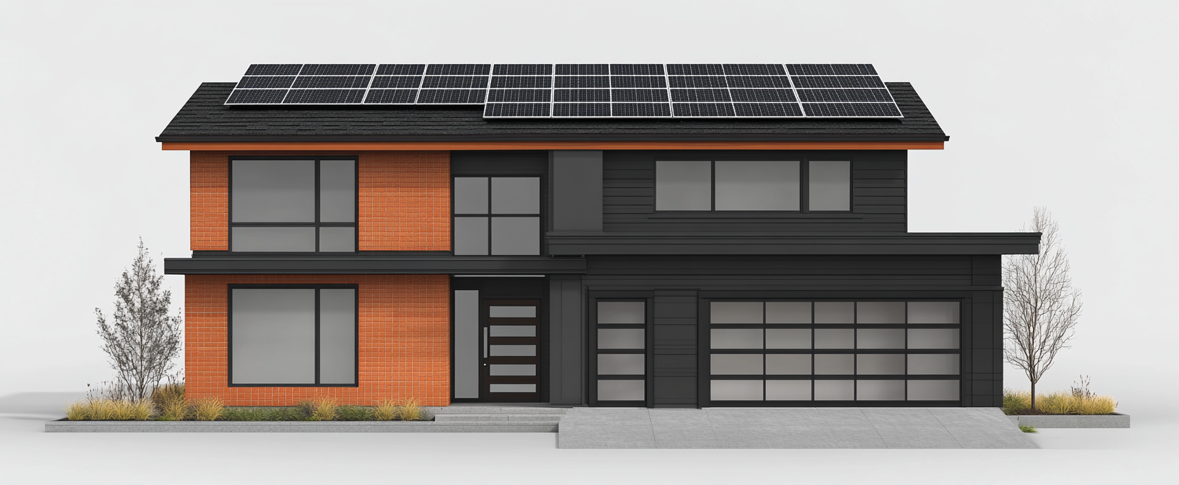 A modern two-story black house with solar panels.