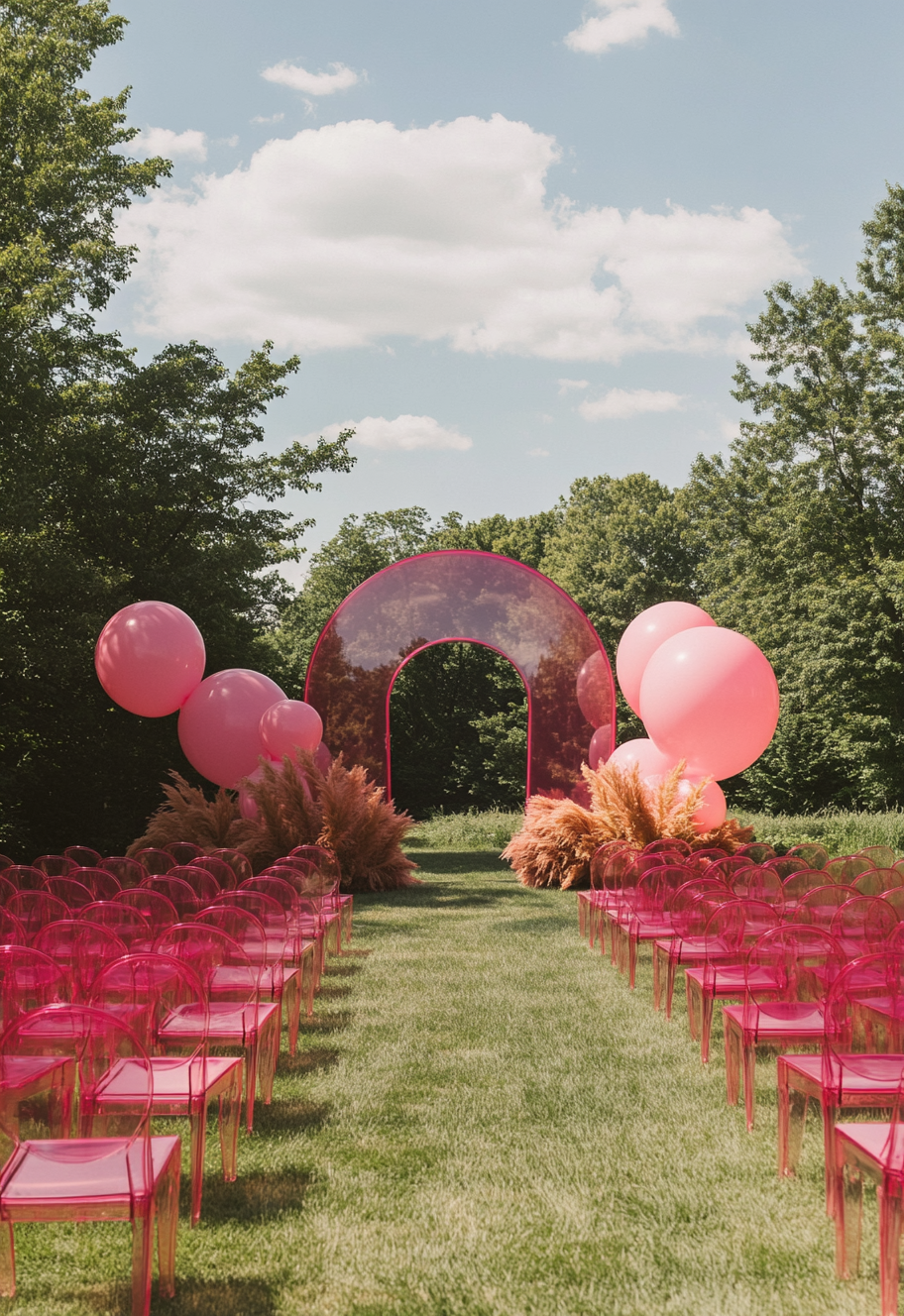 A modern wedding ceremony with pink balloons and ferns