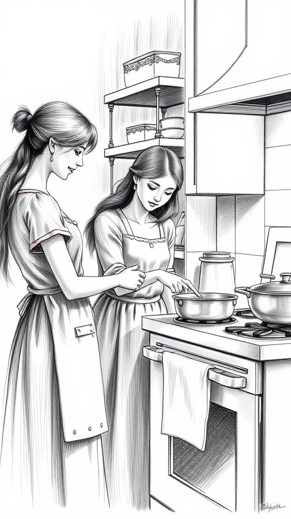 A mother teaches daughter cooking by stove.