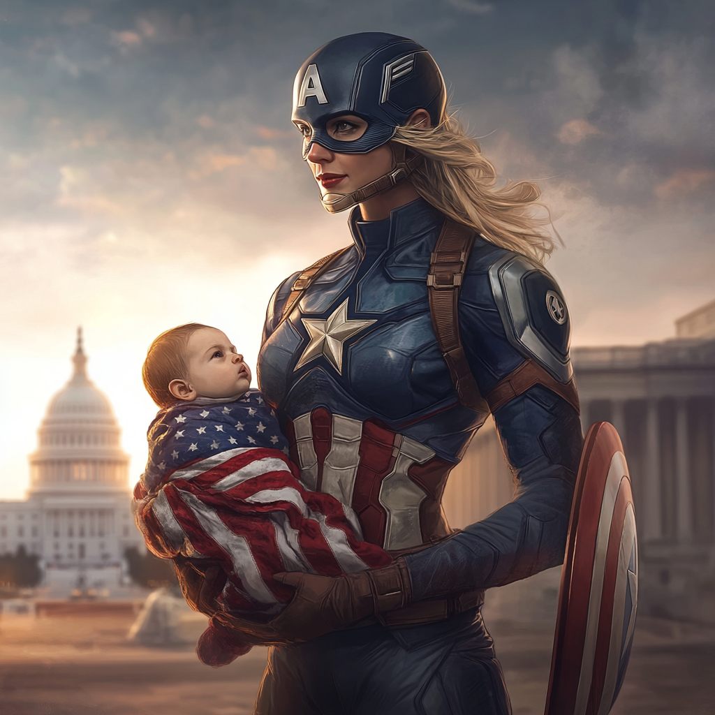 A motherly Captain America holds baby in patriotic blanket.