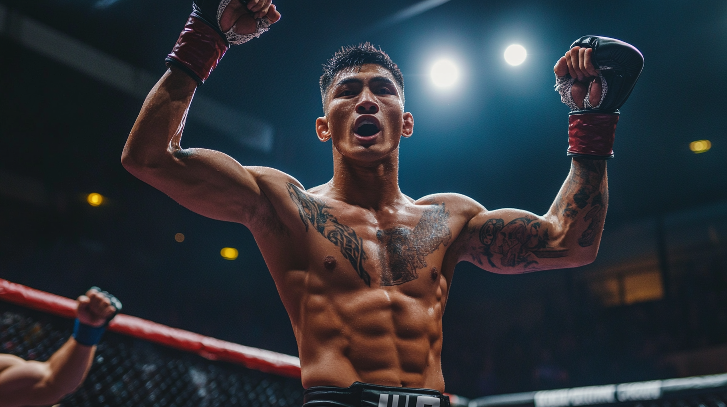 A muay thai fighter victorious, exiting the ring