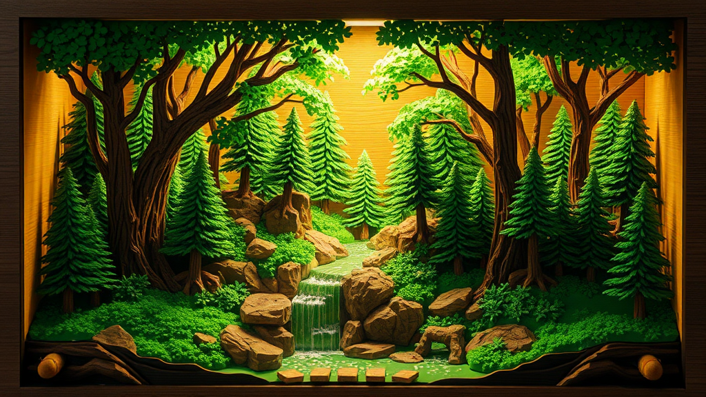 A multilayer wood diorama of a forest waterfall.