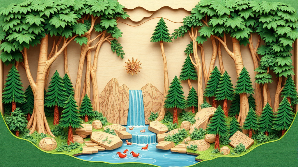 A multilayered wood diorama of a green forest waterfall.