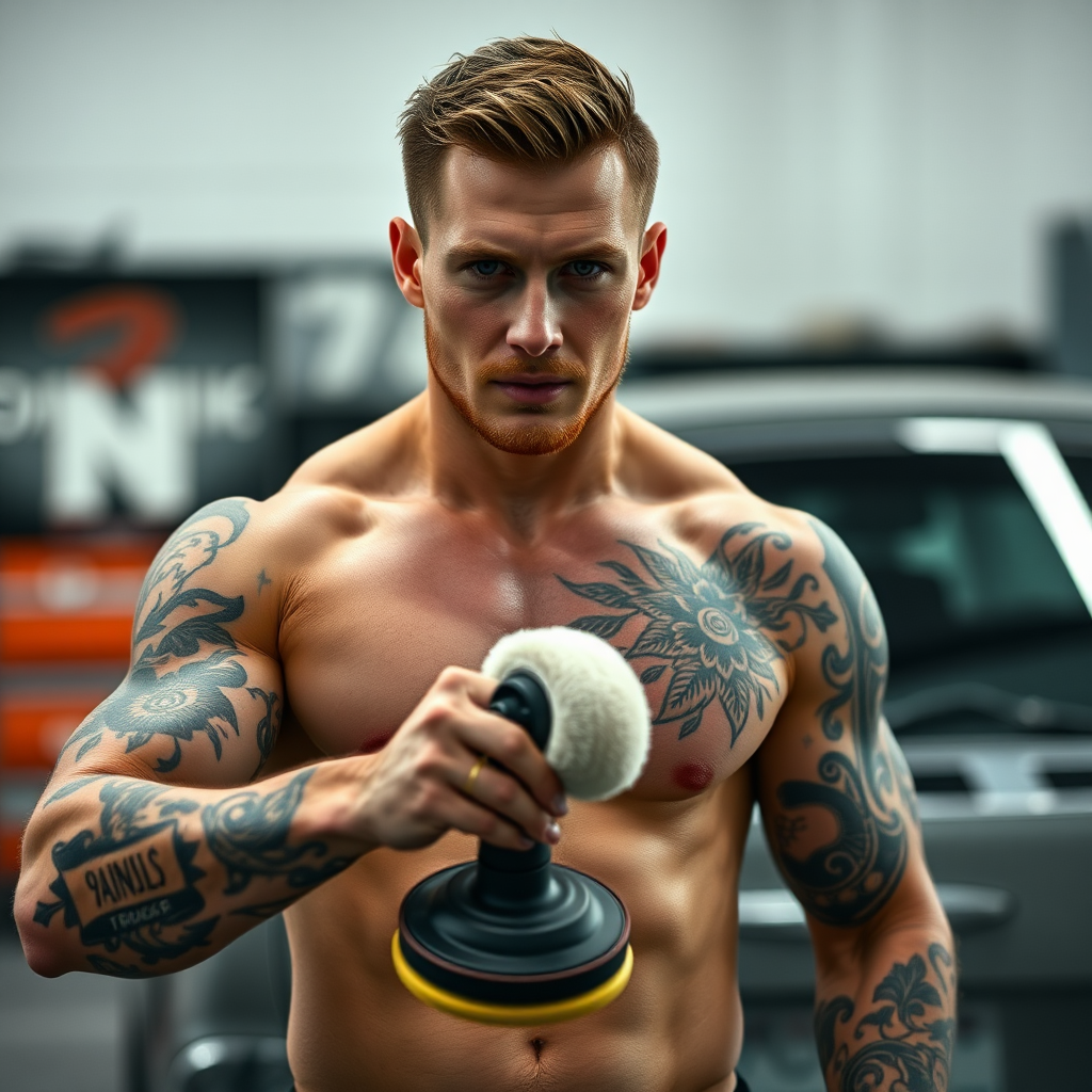 A muscular handsome man with tattoos holding car polisher.